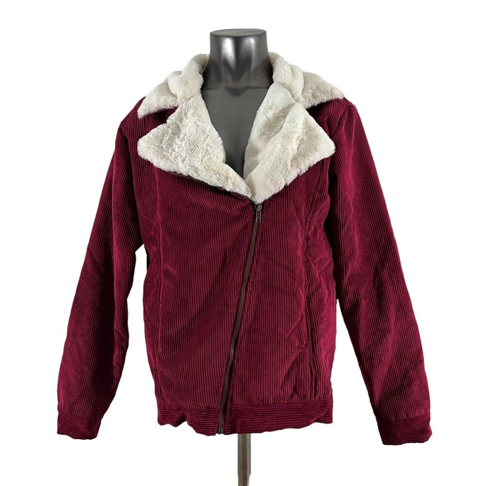 Lulus Women's Jacket Corduroy Faux Fur Neck Aviator Asymmetrical Zip Red Size M